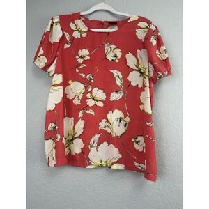 Worthington Womens Blouse XL Short Sleeve Pink Floral Back Keyhole Top Shirt